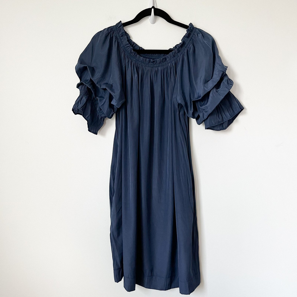 Mersea Tulum Ruffle Mini Dress Navy Blue Womens Small Pockets Off Shoulder